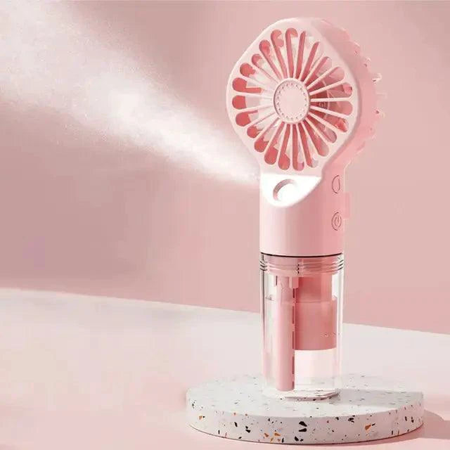 Mandotos compact hydrating mist fan with spray nozzle and foldable handle, portable and ideal for cooling and hydration on the go.