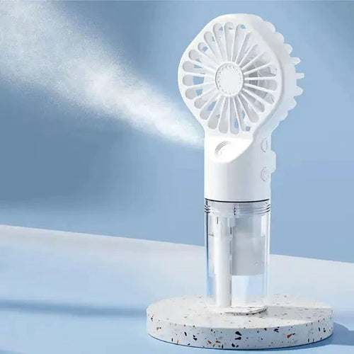 Mandotos Compact Hydrating Mist Fan showing a portable fan with mist spray and adjustable settings for cooling and hydration.