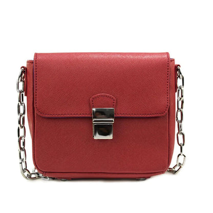 Mandotos compact leather crossbody handbag in Cabernet color, featuring a sleek design and adjustable strap.
