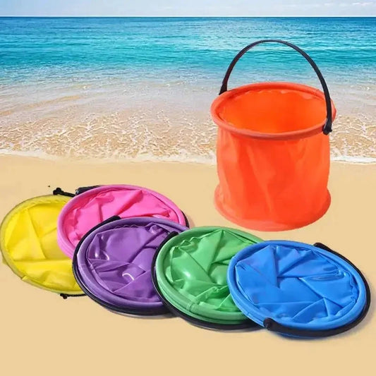 Mandotos compact seaside bucket with colorful handle and sand toys, perfect for kids' beach play and outdoor fun.