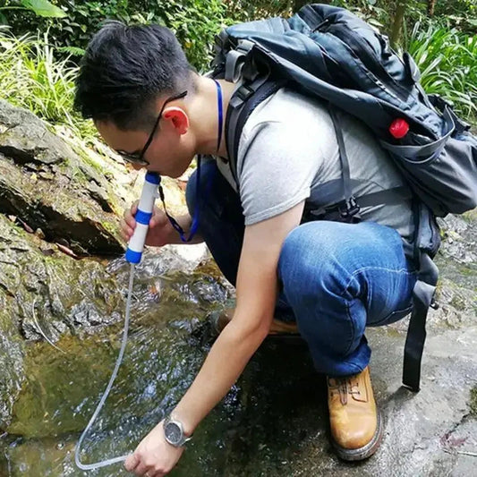 Mandotos compact travel water filter with straw and carrying case, designed for portable clean drinking water on the go.
