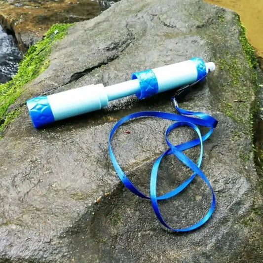Mandotos compact travel water filter with portable design and blue filter cartridge, ideal for outdoor and travel use