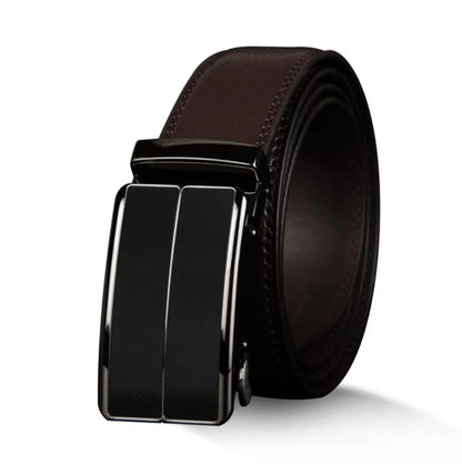 Mandotos contemporary leather belt with a sleek design, featuring a polished metal buckle and smooth brown leather strap.