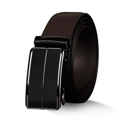 Mandotos contemporary leather belt with a sleek design, featuring a polished metal buckle and smooth brown leather strap.