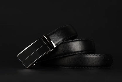 Contemporary MANDOTOS leather belt with sleek design and polished finish, shown in close-up view.