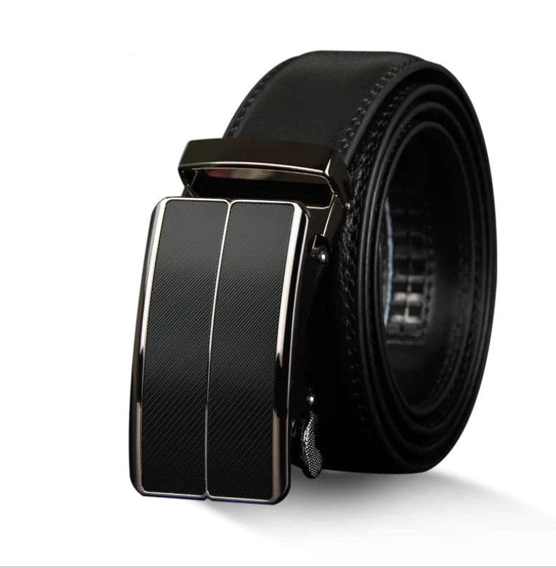 Mandotos contemporary leather belt with sleek design, featuring a polished buckle and smooth leather strap.