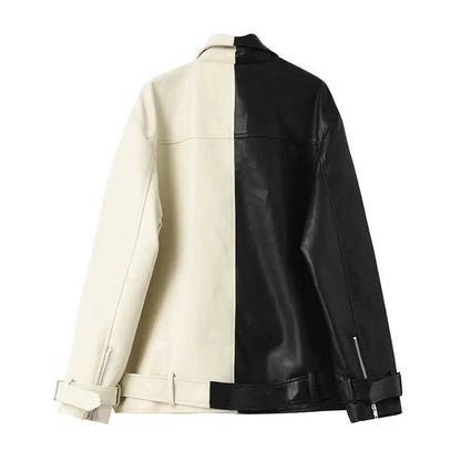 Mandotos contrast vegan leather jacket featuring a sleek design and stylish collar, shown on a model.