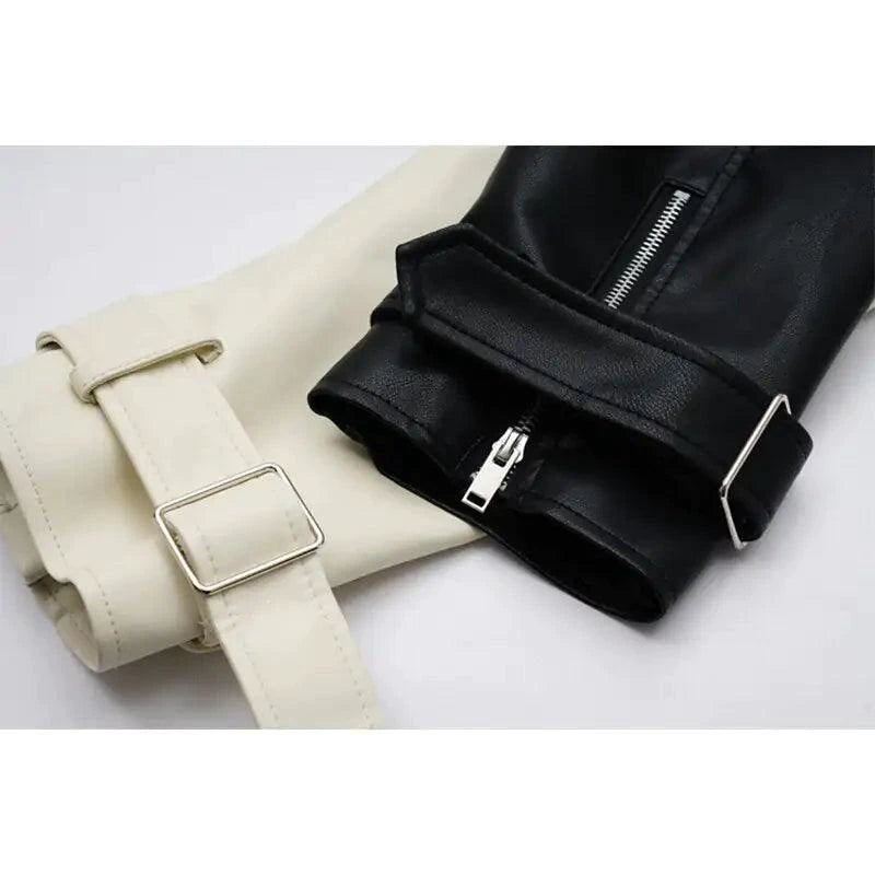 Mandotos contrast vegan leather jacket with stylish design and sleek black and white color block details.