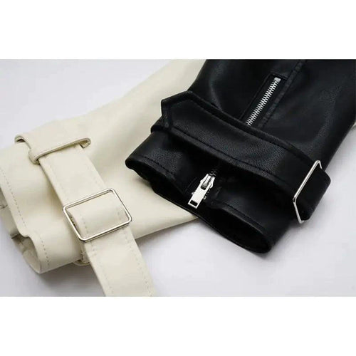 Mandotos contrast vegan leather jacket with stylish design and sleek black and white color block details.