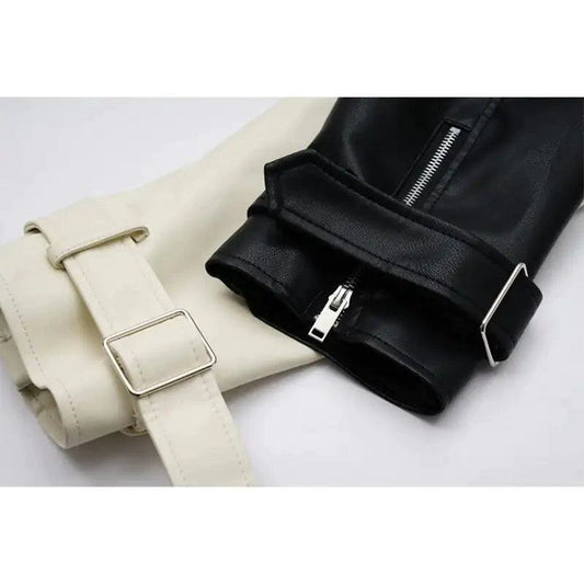 Mandotos contrast vegan leather jacket with stylish design and sleek black and white color block details.
