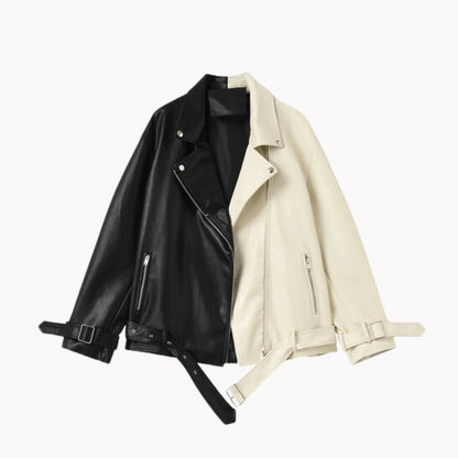 Mandotos contrast vegan leather jacket featuring a stylish black and white design with a fitted silhouette.