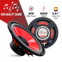 Mandotos CoreBass 6-inch 300W car subwoofer showing black speaker with mounting frame and wires for car audio system