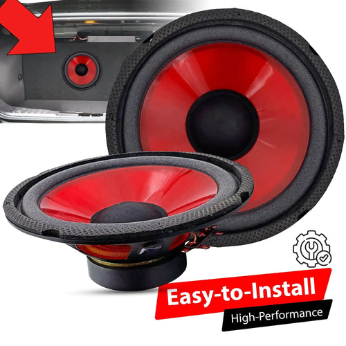 Mandotos CoreBass 6-inch 300W car subwoofer showing a black speaker with mounting brackets and wiring connections.