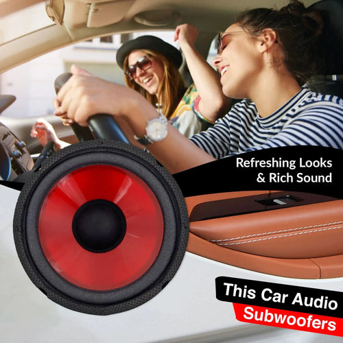 Mandotos CoreBass 6-inch 300W car subwoofer showing black speaker with metal grille and mounting frame
