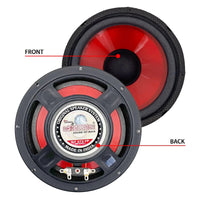 Mandotos CoreBass 6-inch 300W car subwoofer showing a black speaker with mounting frame and wiring connections.