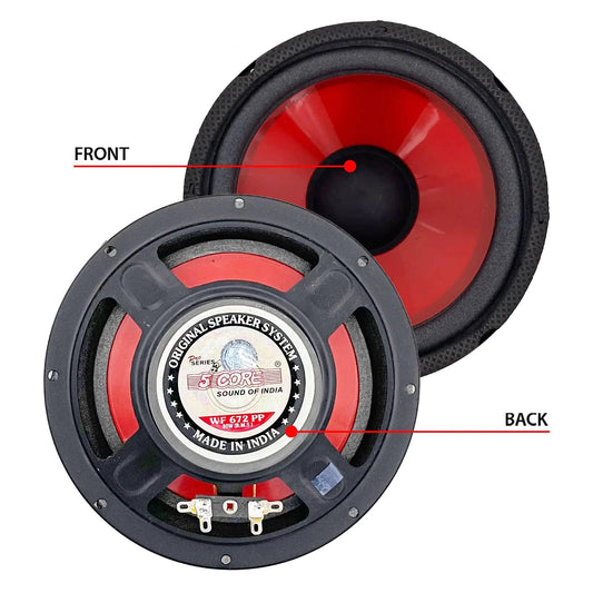 Mandotos CoreBass 6-inch 300W car subwoofer showing a black speaker with mounting frame and wiring connections.