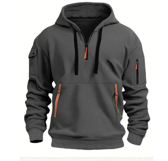 Mandotos cotton dropped shoulder hooded sweatshirt with relaxed fit and ribbed cuffs, shown on a model.