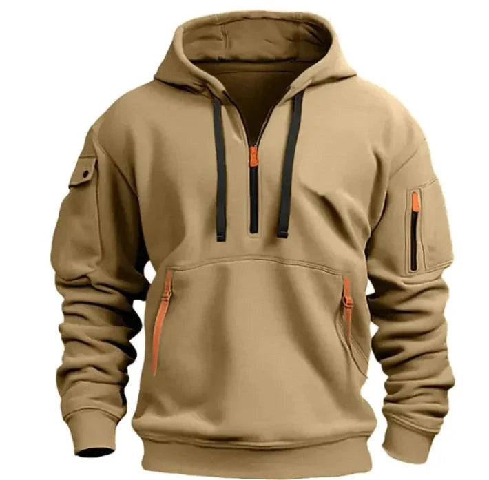 Cotton dropped shoulder hooded sweatshirt by MANDOTOS, featuring a relaxed fit and soft fabric, shown on a model.