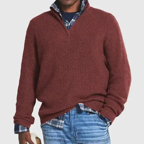 Mandotos cozy zip-up knit sweater featuring a soft, textured fabric and a comfortable fit, perfect for casual wear.
