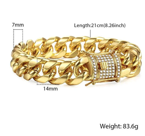 Mandotos Cuban Gold Curb Bracelet showcasing thick gold links and polished finish on a plain background.
