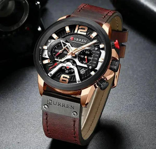Mandotos Curren Chono 2022 Lux Watch with black dial, silver stainless steel band, and chronograph features.