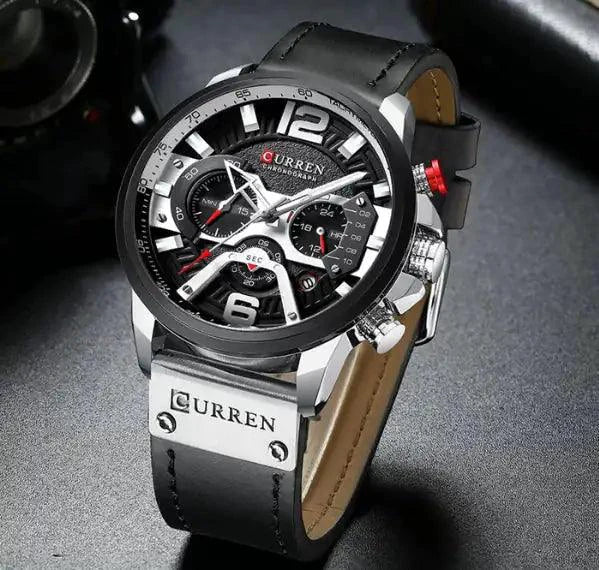 Mandotos Curren Chono 2022 Lux-Watch with black dial, stainless steel band, and chronograph features.