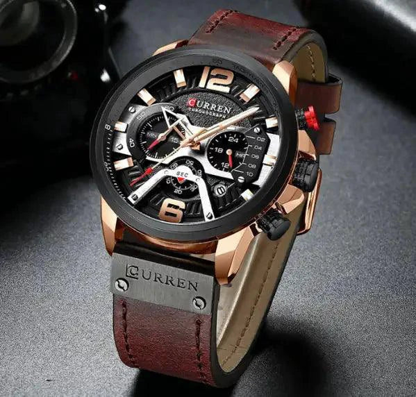 Mandotos Curren Chono 2022 Lux Watch with black dial, silver case, and leather strap, showcasing a sleek, modern design.