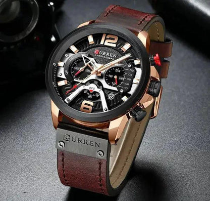 Mandotos Curren Chono 2022 Lux Watch with black dial, silver case, and leather strap, showcasing a sleek, modern design.
