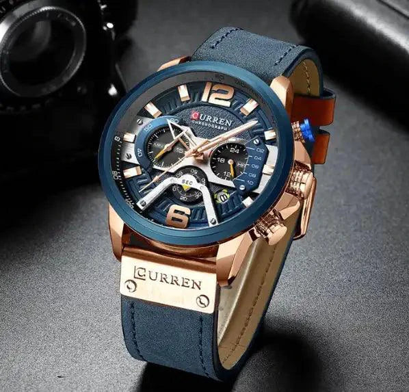 Mandotos Curren Chono 2022 Lux Watch with black dial, silver stainless steel band, and chronograph features.
