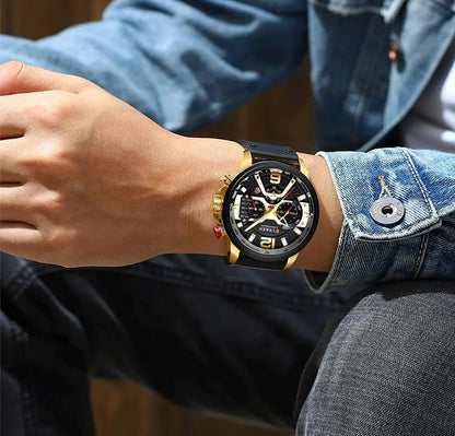 Mandotos Curren Chono 2022 Lux Watch with black dial, silver stainless steel band, and chronograph features.