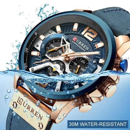 Mandotos Curren Chono 2022 Lux-Watch with black dial, stainless steel band, and chronograph features displayed on the watch face.