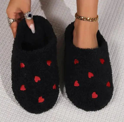 Mandotos Cushy Heart Top Fluffy Slippers with soft, plush material and heart pattern, ideal for cozy indoor wear.