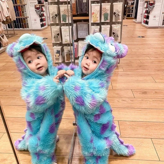 Cute MANDOTOS animal baby jumpsuit with hood and zipper, featuring adorable animal design and soft fabric for comfort.
