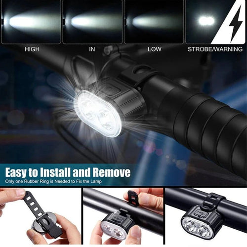 Mandotos cycling bicycle front and rear light set with USB charge, waterproof MTB LED headlight and taillight for bike safety.