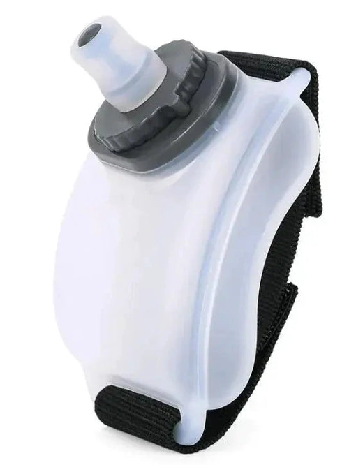Mandotos cycling wrist water bottle worn on wrist for easy hydration during bike rides, with a sleek design and secure fit.