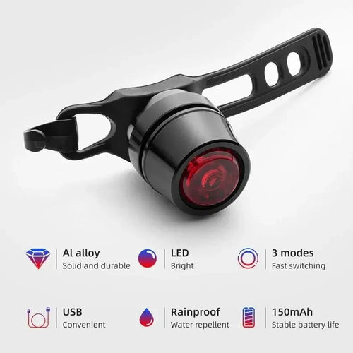Mandotos cyclist's beacon USB rechargeable waterproof light mounted on a bike for visibility during night riding.