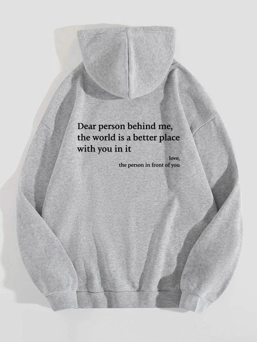Women’s plush hoodie with letter print and kangaroo pocket, featuring a heartfelt message, by MANDOTOS, unisex trendy casual wear.