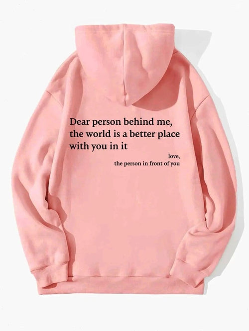 Women's plush hoodie with letter print, kangaroo pocket, drawstring hood, featuring heartfelt message, by MANDOTOS.