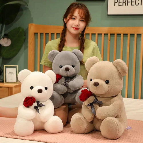Mandotos 23-45cm plush teddy bear hugging roses, soft stuffed animal doll perfect for Valentine's Day or birthday gift.