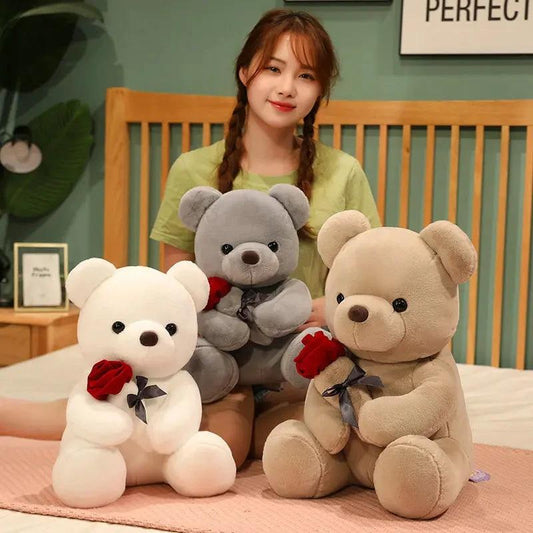Mandotos 23-45cm plush teddy bear hugging roses, soft stuffed animal doll perfect for Valentine's Day or birthday gift.