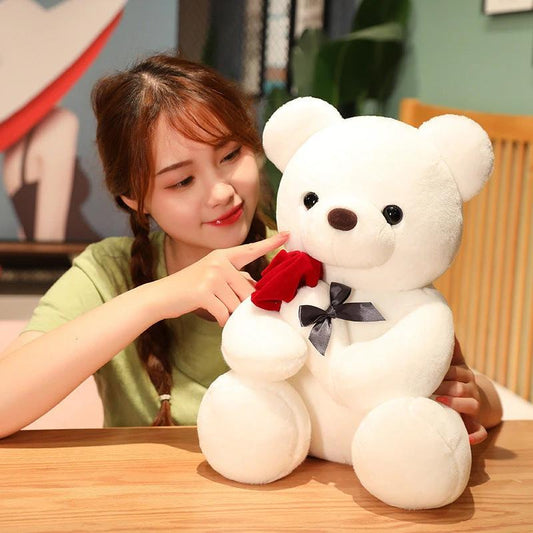 Mandotos 23-45cm plush teddy bear pillow with hug roses design, soft stuffed animal doll perfect for birthday or Valentine's Day gift
