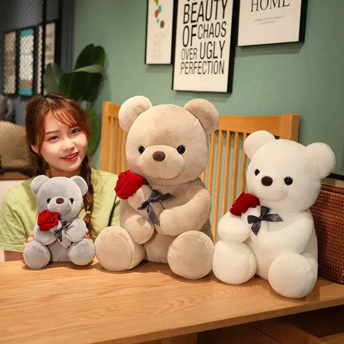 Mandotos 23-45cm plush teddy bear hugging roses, soft stuffed animal pillow perfect for birthday or Valentine’s Day gift.