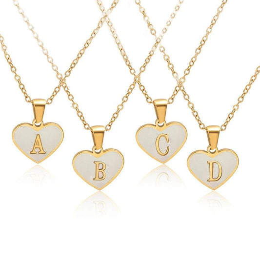 Mandotos white shell heart-shaped letter necklace with 26 letter charms on a delicate clavicle chain, personalized jewelry for women.