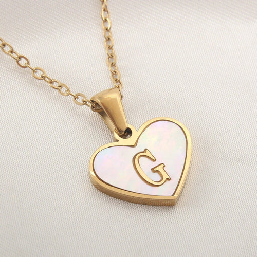 Mandotos heart-shaped necklace with 26 letter white shell design, personalized clavicle chain jewelry for women, perfect for Valentine's Day