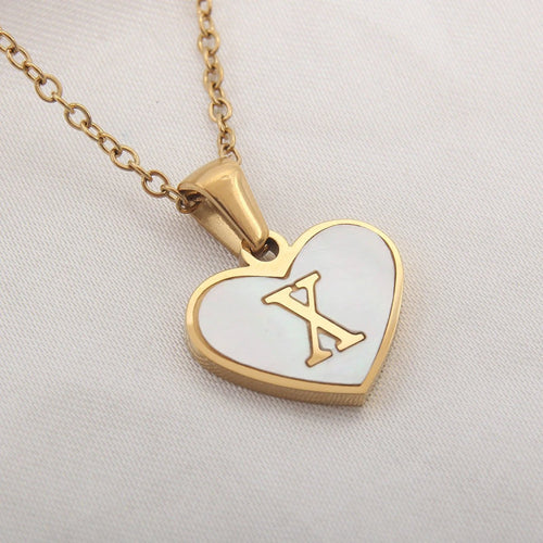 Mandotos 26-letter heart-shaped necklace with white shell accents, personalized jewelry for women, perfect for Valentine's Day.