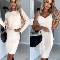 Mandotos women's 2-piece suit with solid stripe long-sleeved top and tight suspender skirt, suitable for autumn and winter fashion.