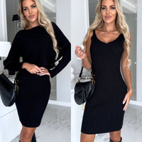 Mandotos 2-piece women's suit featuring a solid stripe long-sleeved top and tight suspender skirt, suitable for autumn and winter wear.