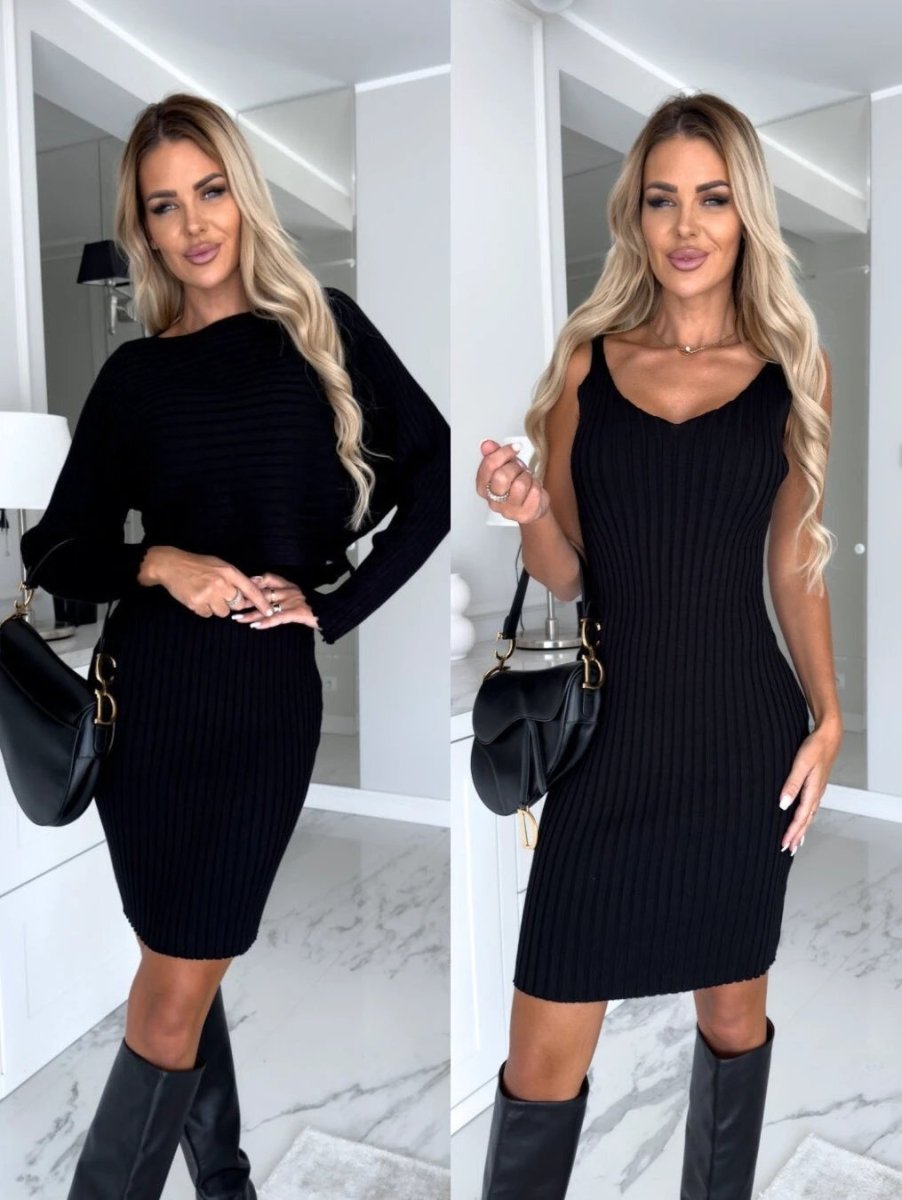 Mandotos 2-piece women's suit featuring a solid stripe long-sleeved top and tight suspender skirt, suitable for autumn and winter wear.