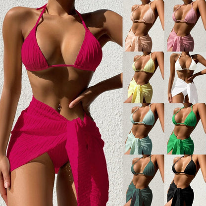Mandotos 3-piece halterneck bikini swimsuit set with mesh skirt, featuring a stylish swim top, bottom, and matching cover-up.