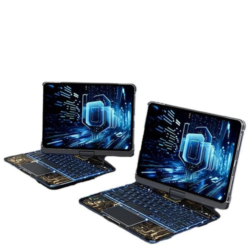 Mandotos 360 swivel keyboard clear case for iPad with smart trackpad, Bluetooth-compatible keyboard, and pen slot.